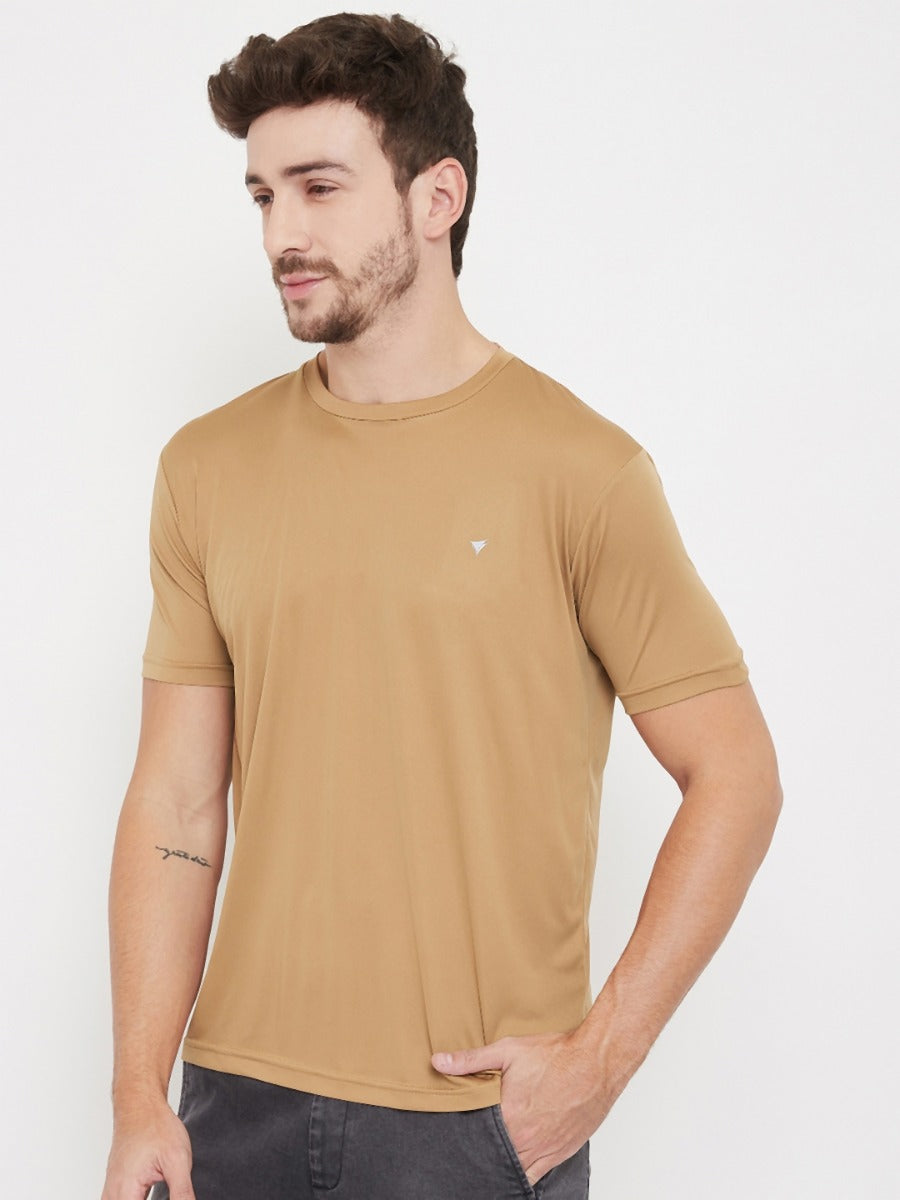 LIVFREE  Round Neck Half Sleeves Plain T-Shirt For Men- Khakhi