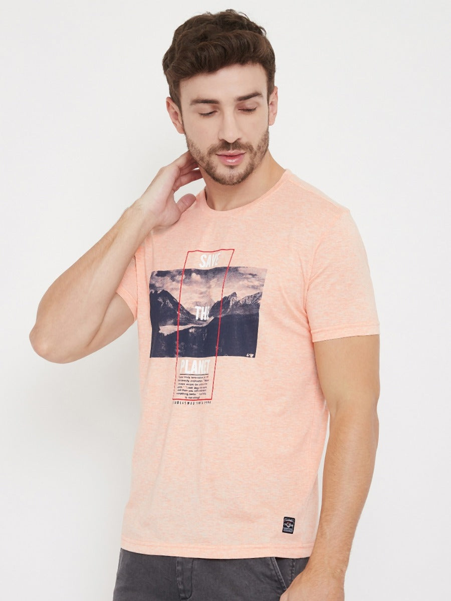 Round Neck Half Sleeves Graphic Printed T-Shirt For Men- Peach Mix