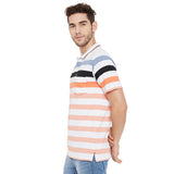 Polo Neck Half Sleeves Multicolor Striped T-Shirt With Pocket For Men- Orange