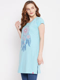 Neva Women's Regular Fit Graphic Printed Long T-Shirt -Aqua