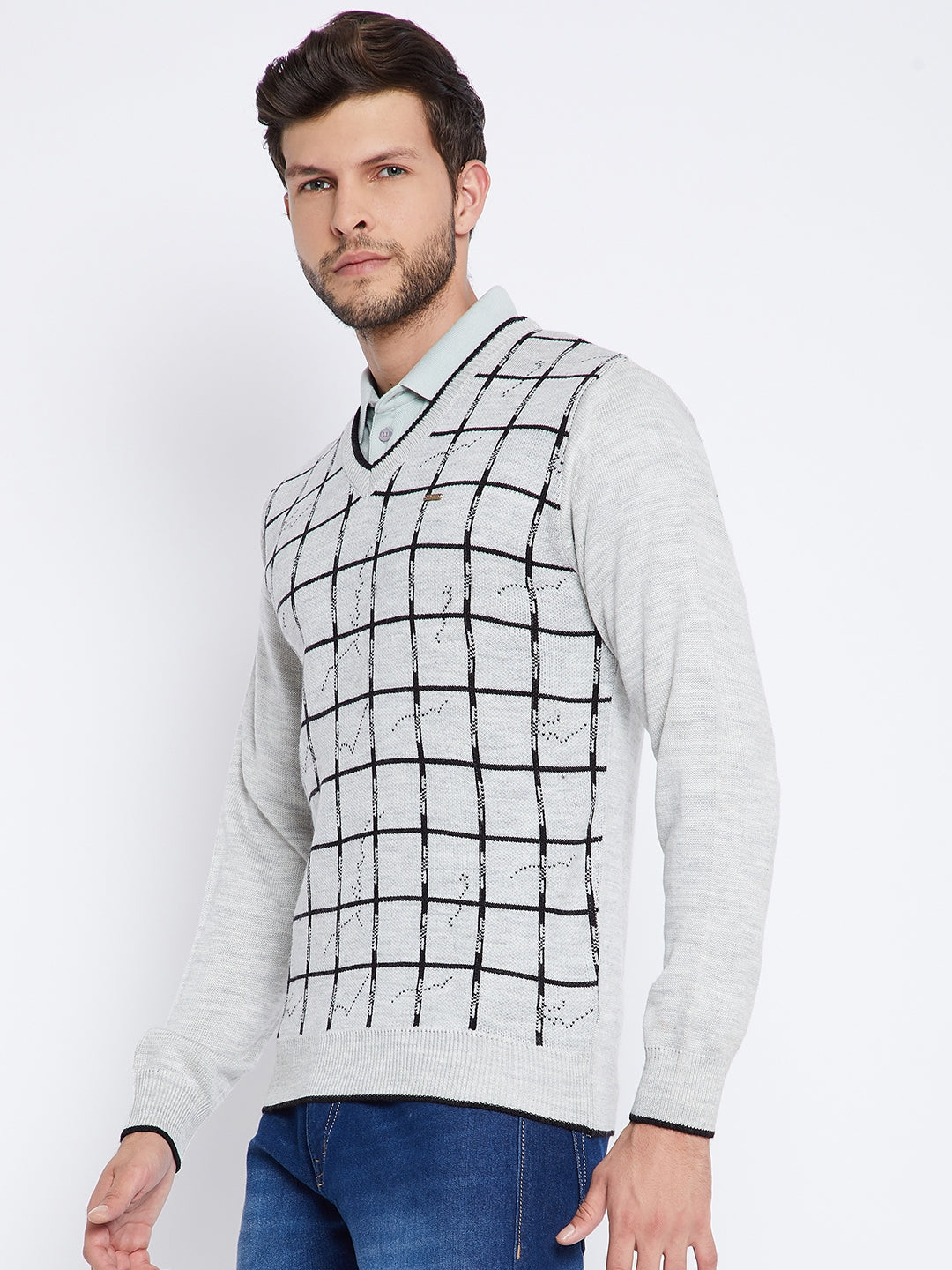 Livfree Men's Full Sleeves V-Neck Check Sweater - Light Grey