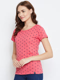 NEVA Round Neck Half Sleeve Front Printed T-shirt For Women-Coral