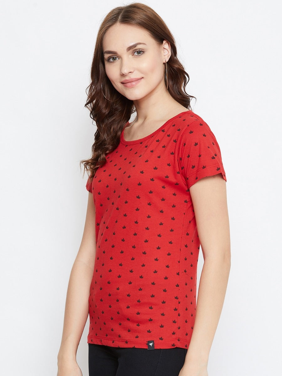NEVA Round Neck Half Sleeve Front Printed T-shirt For Women-Red