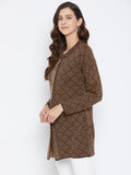 Livfree Women's T-neck Full-Sleeves Jaquard Cardigan - Brown