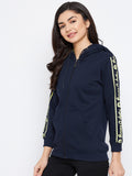 Livfree women Full Zipper Hooded Sweatshirt with typographic Fancy Tape on Sleeves- Navy