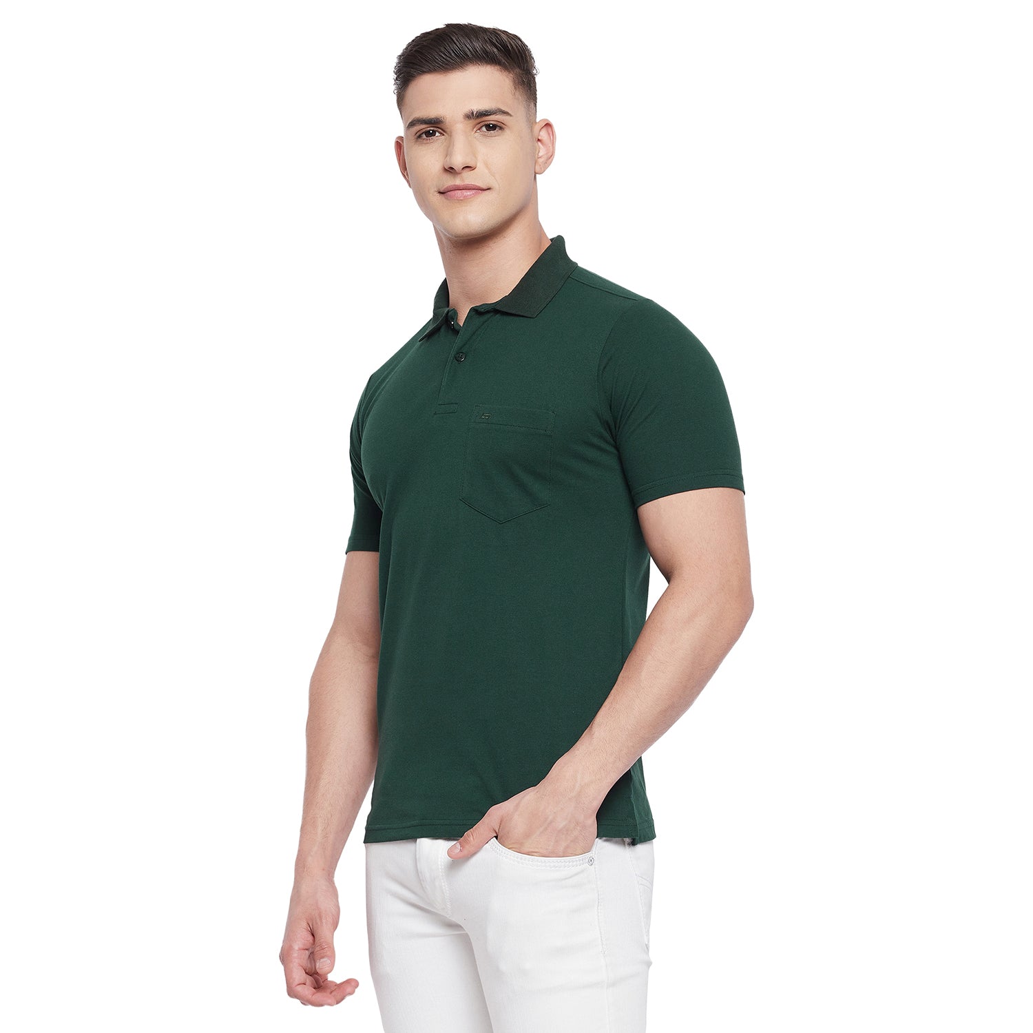 Neva Men Solid Color Polo Half Sleeve T-Shirt with Chest Pocket- Bottle Green