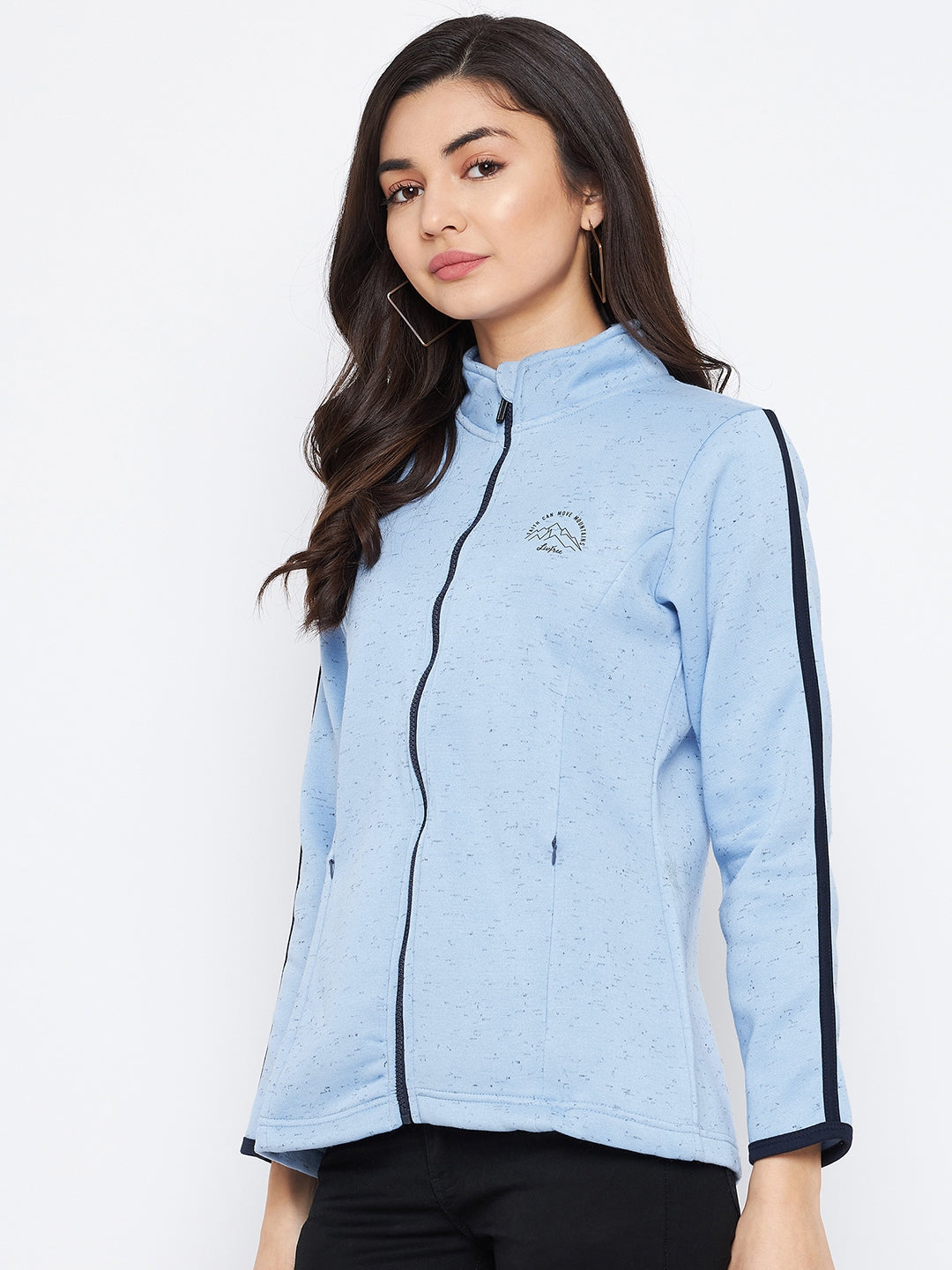 Livfree women Full Zipper Sweatshirt with contrast bone on sleeve- Snow Sky