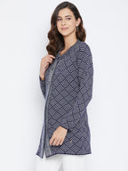 Livfree Women's T-neck Full-Sleeves Jaquard Cardigan - Navy