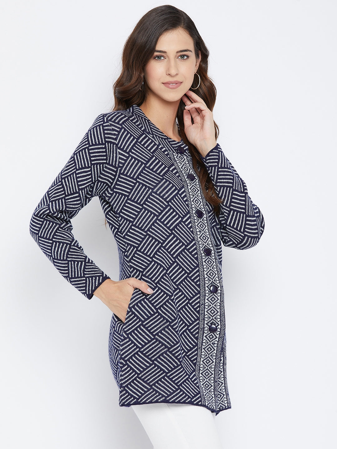 Livfree Women's T-neck Full-Sleeves Jaquard Cardigan - Navy