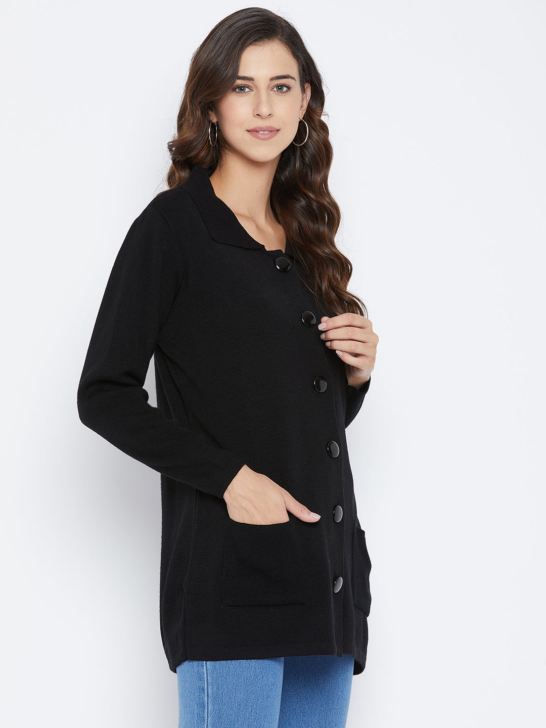 Livfree Women's Collar neck Full-Sleeves Solid Cardigans - Black