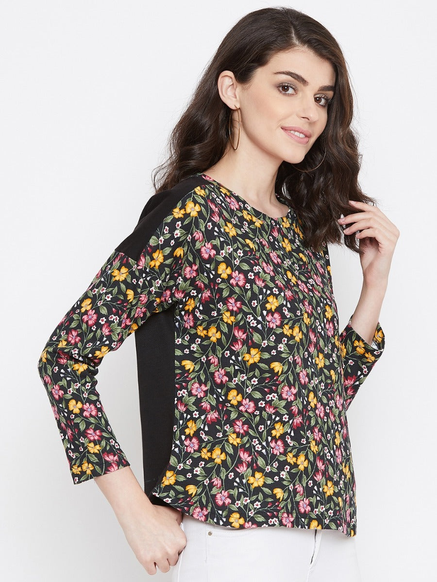 Neva Women's Round Neck Full Sleeve Floral Print Dual Tone Top-Black