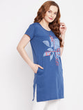 Neva Women's Regular Fit Graphic Printed Long T-Shirt -Denim Milange