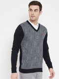 Livfree Men's V-Neck Full Sleeves Contrast Knitted Pattern Sweater-Navy