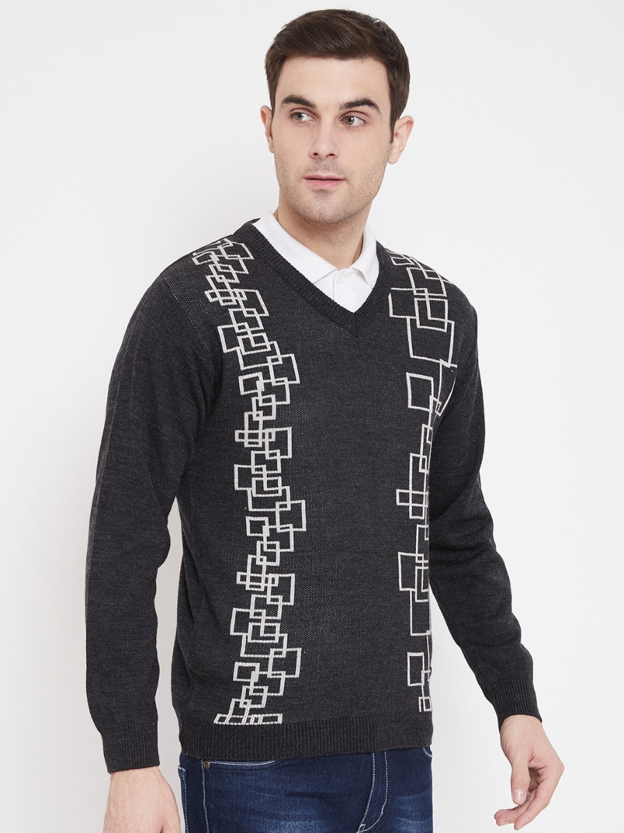 Livfree Men's V-Neck Full Sleeves Knitted Geometric Pattern Sweater-Anthra