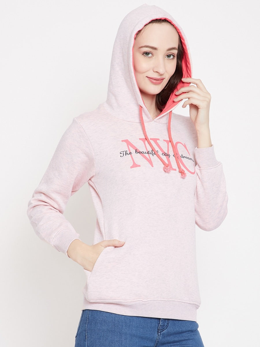 Livfree Hooded Full Sleeves Text Printed Sweatshirt With Side Pockets For Women-Pink Mix