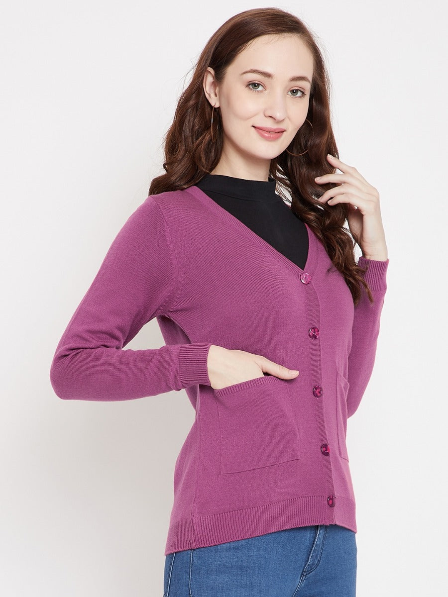 Livfree V-Neck Full Sleeves Solid Cardigan With Front Pockets For Women-Pink