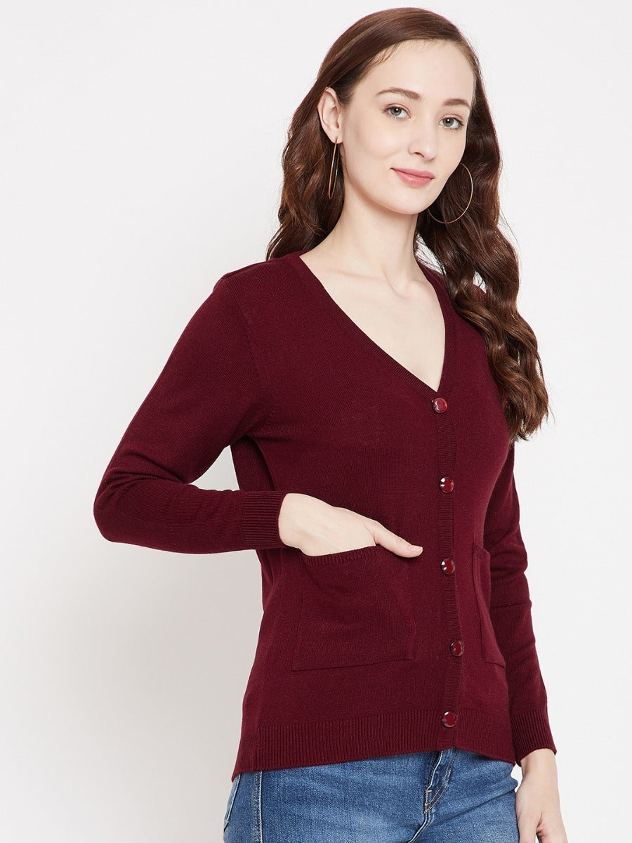 Livfree V-Neck Full Sleeves Solid Cardigan With Front Pockets For Women-Maroon