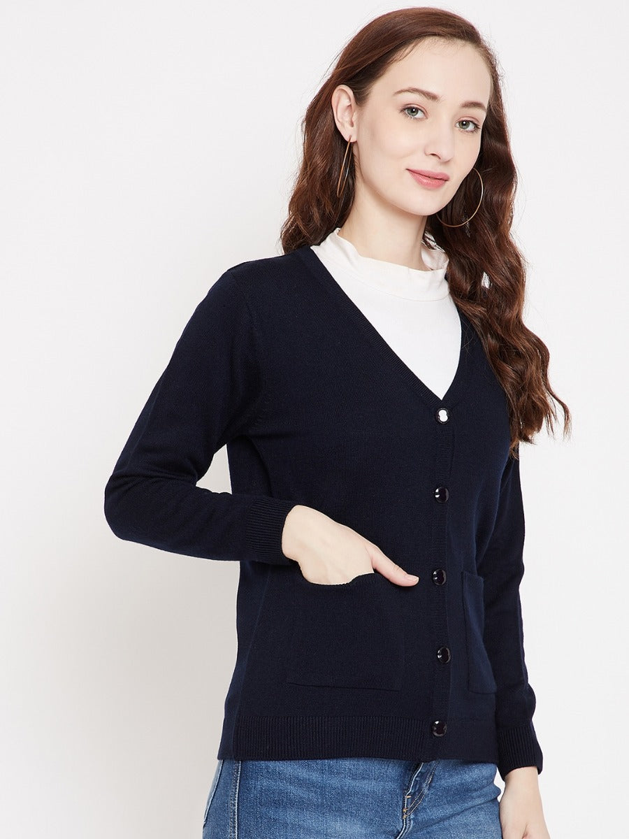 Livfree V-Neck Full Sleeves Solid Cardigan With Front Pockets For Women-Navy