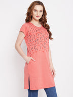 Neva Women's Regular Fit Graphic Printed Long T-Shirt -Lt. Coral