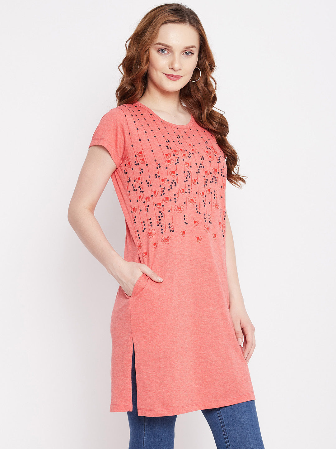 Neva Women's Regular Fit Graphic Printed Long T-Shirt -Lt. Coral