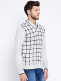 Livfree Men's Full Sleeves V-Neck Check Sweater - Light Grey