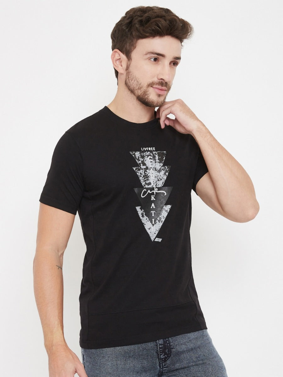 LIVFREE Round Neck Half Sleeves Graphic Printed T-Shirt For Men- Black