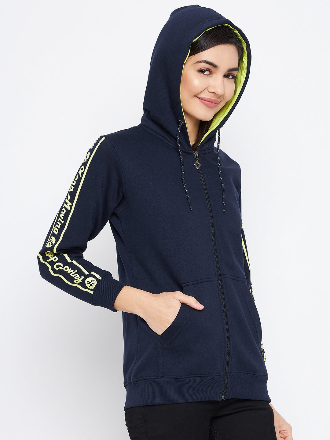 Livfree women Full Zipper Hooded Sweatshirt with typographic Fancy Tape on Sleeves- Navy