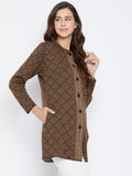Livfree Women's T-neck Full-Sleeves Jaquard Cardigan - Brown