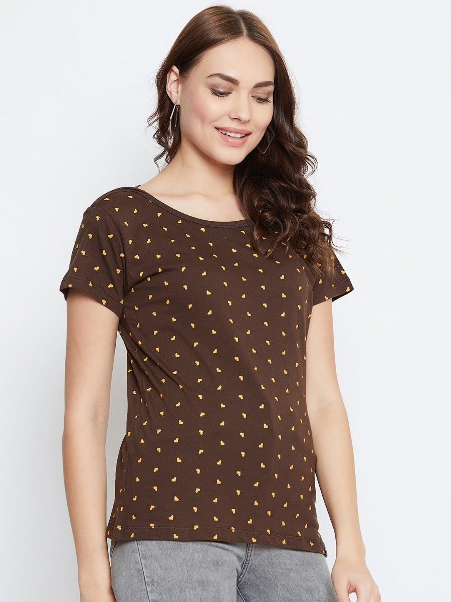 NEVA Round Neck Half Sleeve Front Printed T-shirt For Women-Coffee