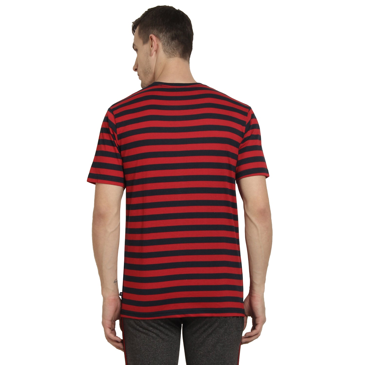 Round Neck Striper T-Shirt For Men- Tango Red