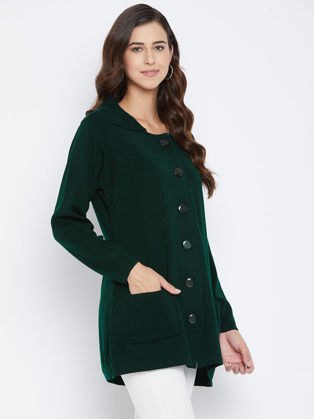 Livfree Women's Collar Neck Full-Sleeves Solid Cardigan - Dark Green