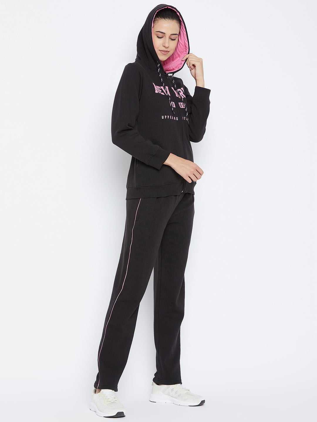 Livfree Women's Hoodie Solid Tracksuit - Black (Zipper)