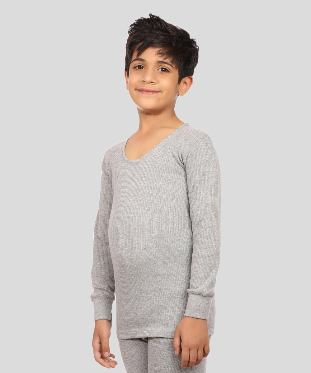 Neva Velveti Scoop Neck Full Sleeves Upper and Lower Thermal Upper for Kids Unisex (For Boys and Girls)-Milange Grey