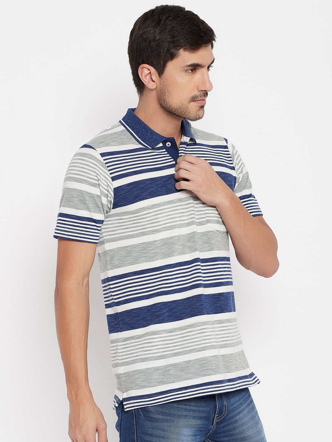 LIVFREE Men's Regular Fit Multicolored Stripes T-Shirt -Denim
