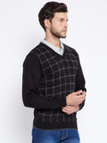 Livfree Men's V-Neck Full Sleeves Check Sweater - Black