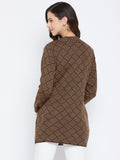 Livfree Women's T-neck Full-Sleeves Jaquard Cardigan - Brown