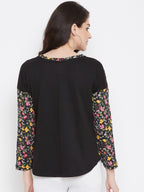 Neva Women's Round Neck Full Sleeve Floral Print Dual Tone Top-Black