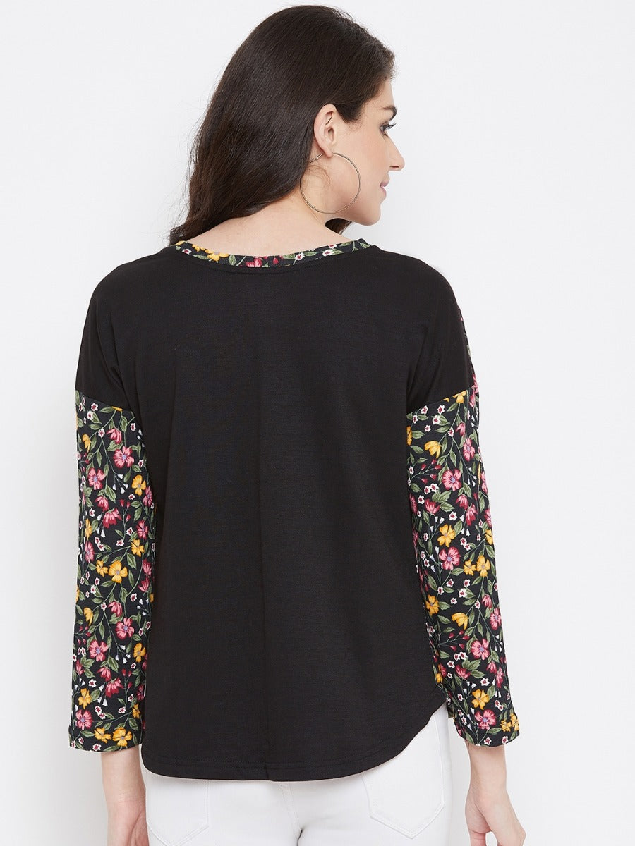 Neva Women's Round Neck Full Sleeve Floral Print Dual Tone Top-Black