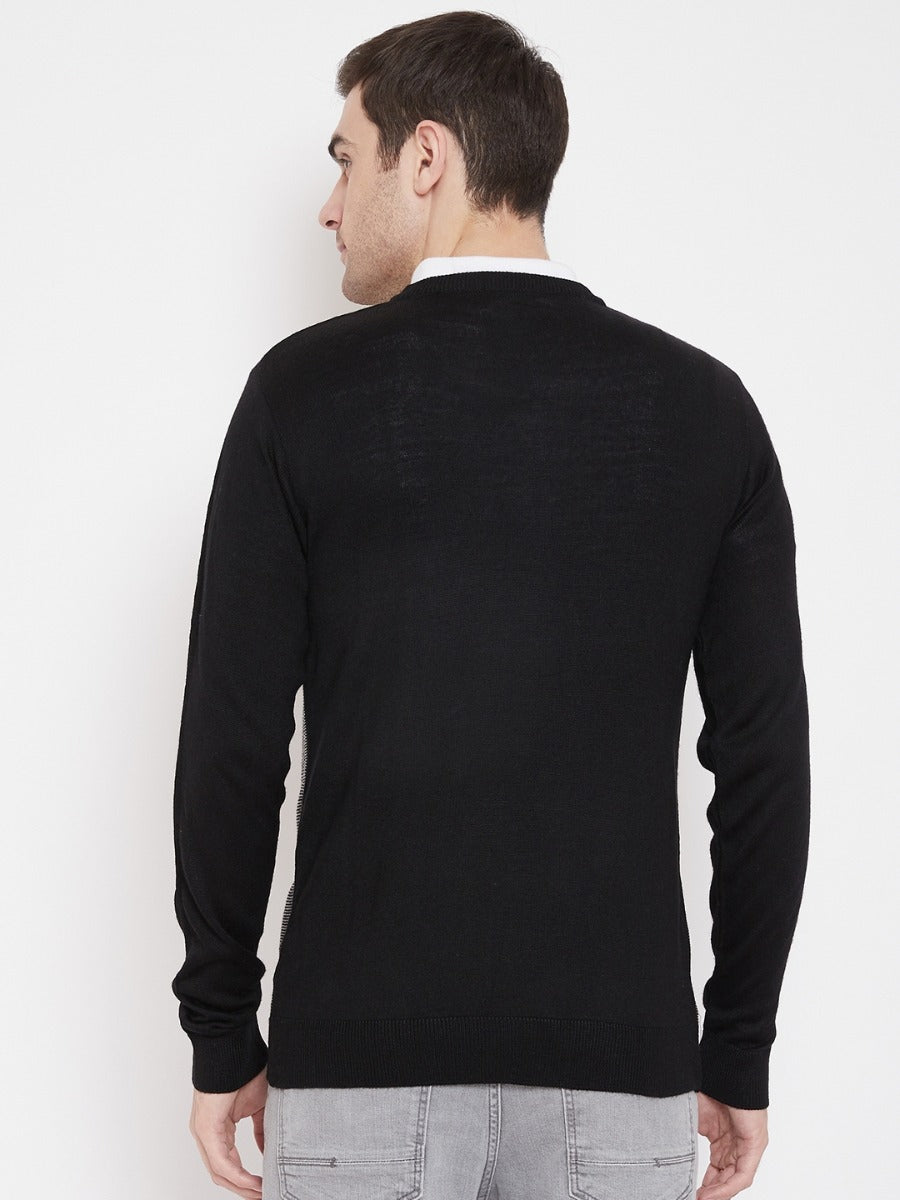 Livfree Men's V-Neck Full Sleeves Contrast Knitted Pattern Sweater-Grey