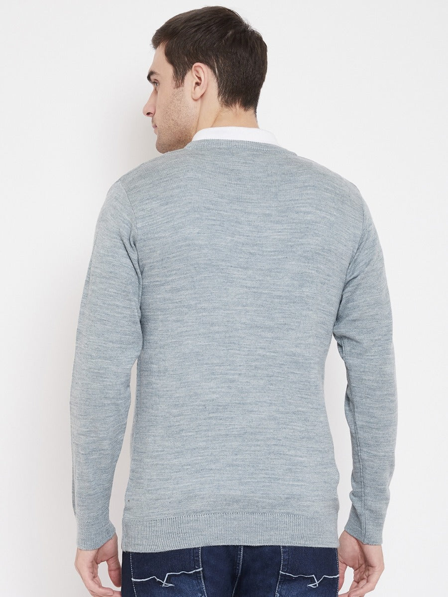 Livfree Men's V-Neck Full Sleeves Knitted Pattern Sweater-Steel Grey Milange