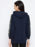 Livfree women Full Zipper Hooded Sweatshirt with typographic Fancy Tape on Sleeves- Navy