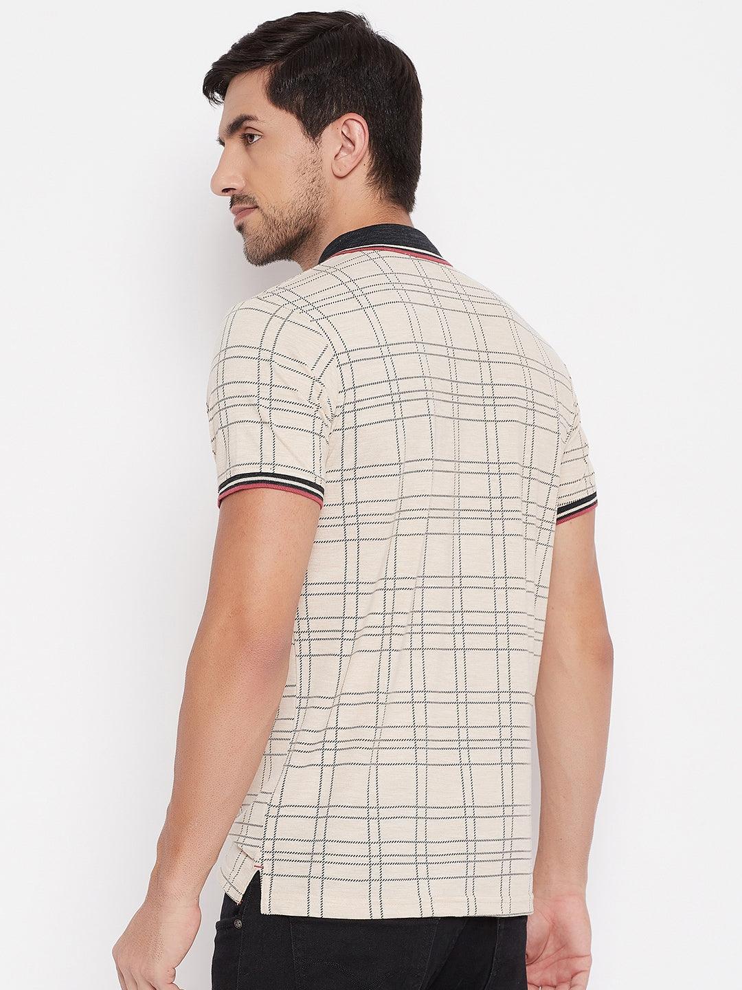 LIVFREE Polo Neck Men's T-Shirt in Checkered Pattern Half Sleeve