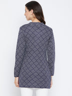 Livfree Women's T-neck Full-Sleeves Jaquard Cardigan - Navy