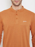 Neva Men's Band Neck Full Sleeve Textured T-Shirt-Tango Mustard