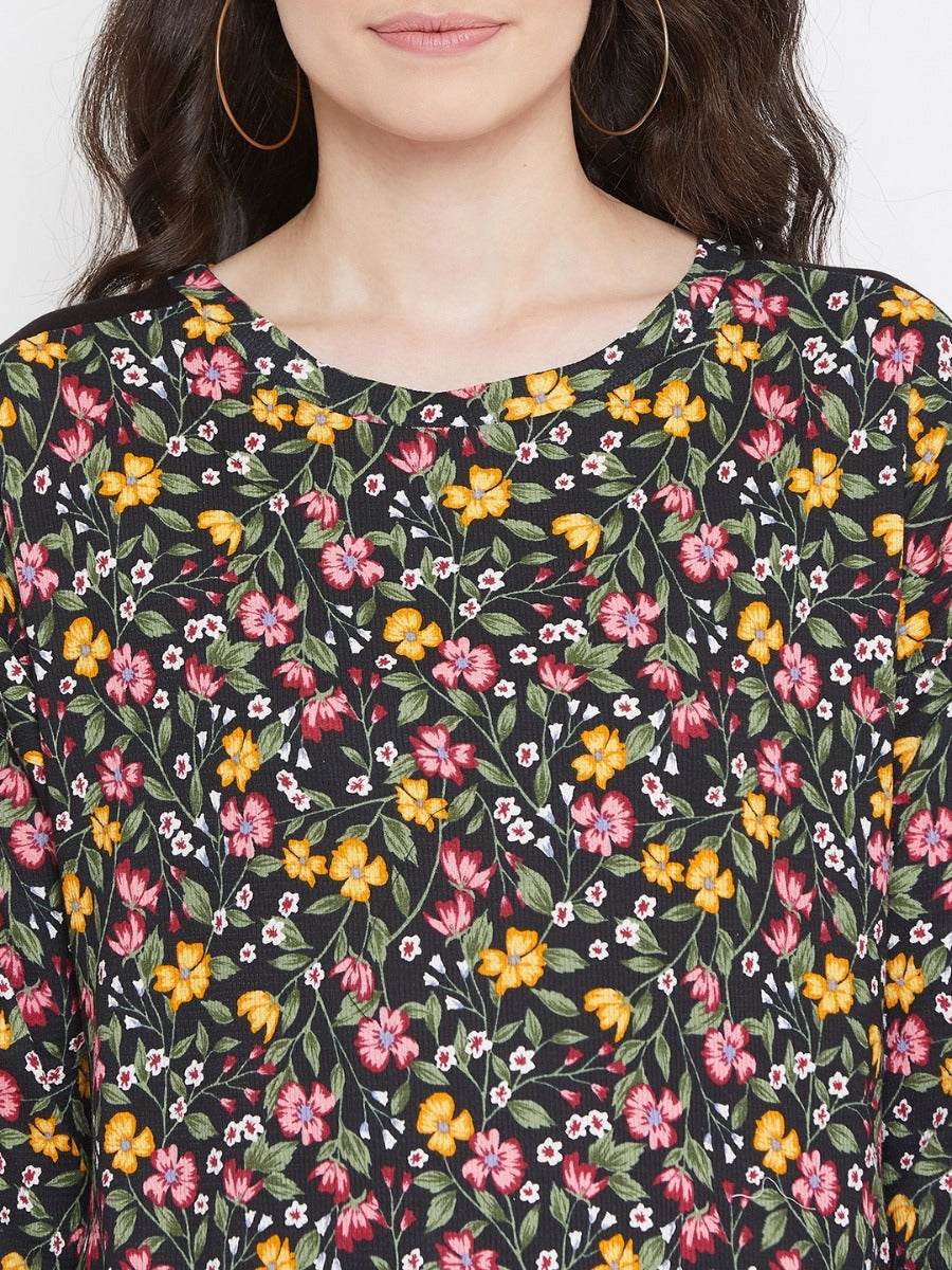 Neva Women's Round Neck Full Sleeve Floral Print Dual Tone Top-Black