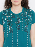 Neva Women's Round Nevk Half Sleeve Vertical Floral Print Long Top With Pockets-Dark Green