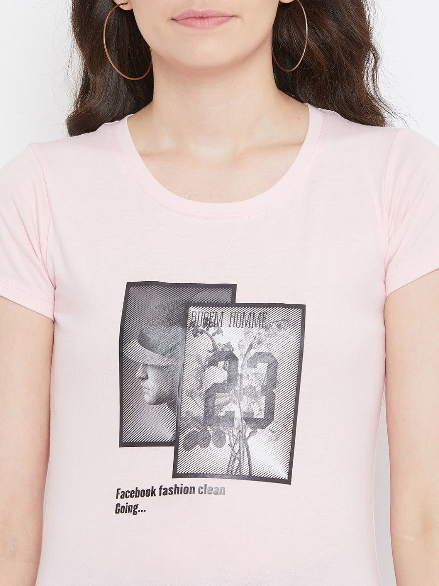 Neva Women's Round Neck Half Sleeve Printed Top-Light Pink