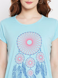 Neva Women's Regular Fit Graphic Printed Long T-Shirt -Aqua
