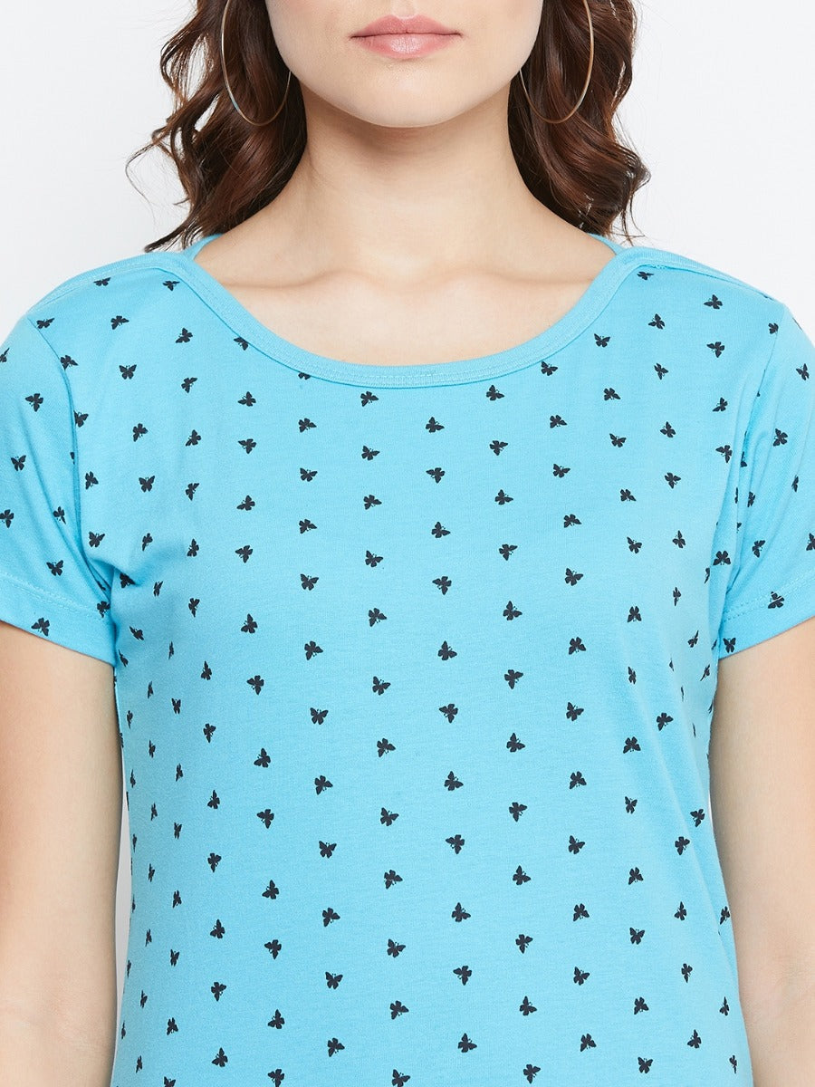 NEVA Round Neck Half Sleeve Front Printed T-shirt For Women-Aqua