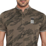 LIVFREE Henley Neck Men's T-Shirt in Camouflaged Pattern Half Sleeve- Lt.Olive